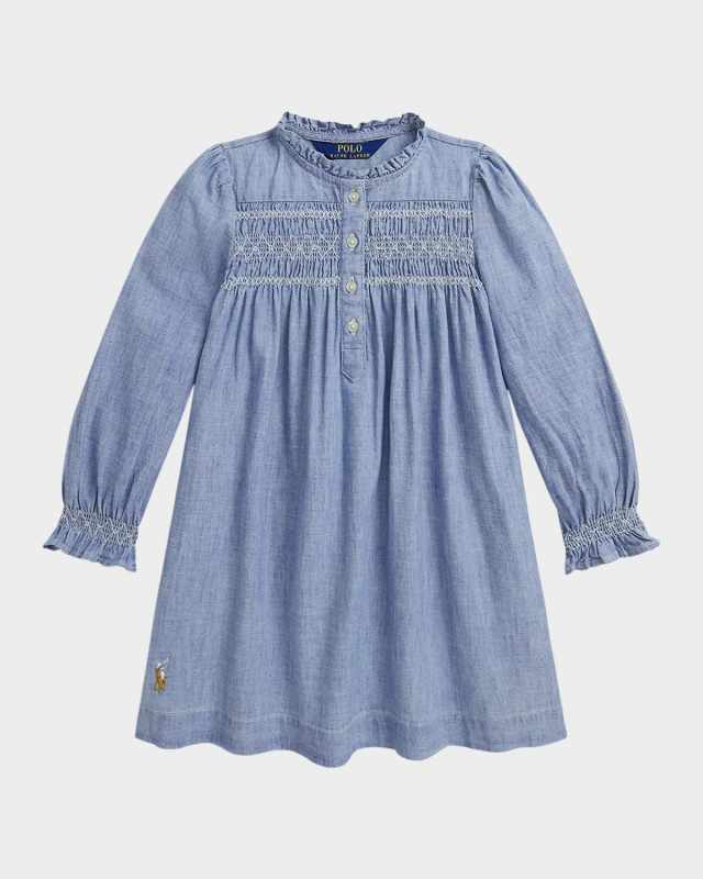Girl's Smocked Cotton Chambray Babydoll Dress, Size 2-6X